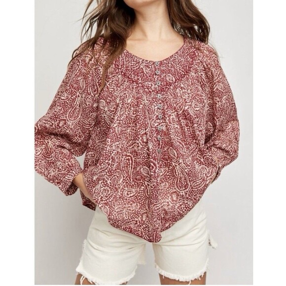 We The Free Cool Meadow Long Sleeve Blouse Top Sweet Cranberry Sz S Boho Chic - Picture 1 of 6